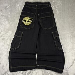 Y2K ALAB Black/Yellow Wide Leg Super Baggy Cargo Denim Jeans Size 28